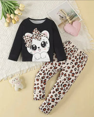 Black Cute Kitty With Cheetha Pajama Printed Kids Night Suit (KO-623)
