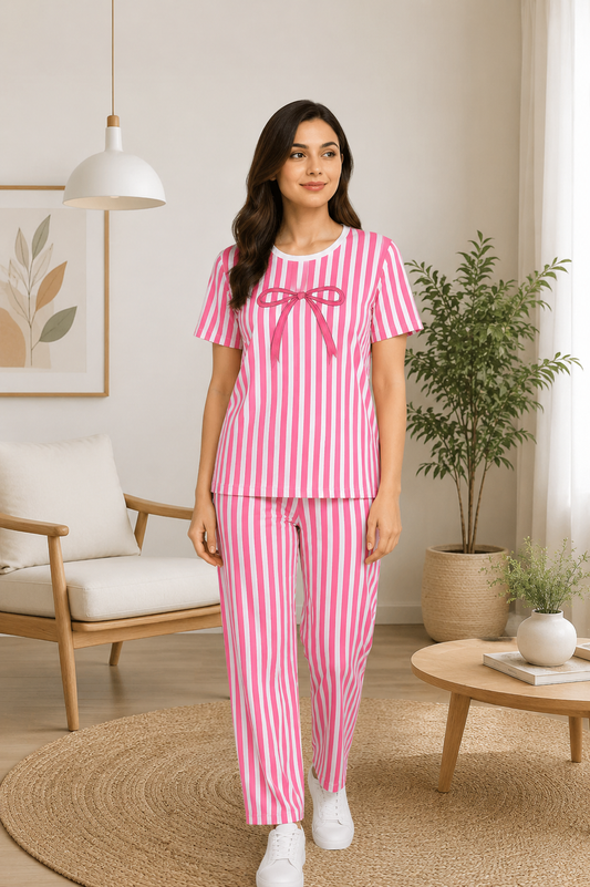 Bow Stripe Night Suit - Pink