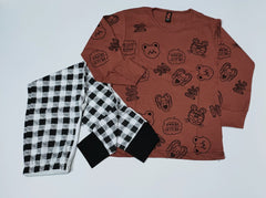 Baby or Baba Brown Hello Friend with Check Style Pajama Night Suit for Kids (1 Pcs) (KO-KNS-235)