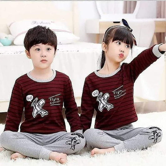 Baby or Baba Maroon and Grey Flying Performance Print Night Suit for Kids (KO-KNS-224)