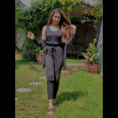 3 Pcs Sleepwear (Sando Shrug Trouser) (Black) (KO-NS-0265)