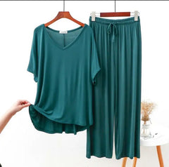 Green V Neck Half Sleeves Shirt Lose Style Lounge Wear (KO-NS-392)
