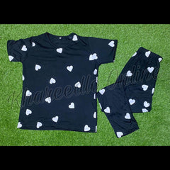 Black All Over Hearts Printed Half Sleeves Night Suit (KO-NS-442)