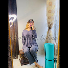 Grey Plain V Neck Shirt With Lose Style Lounge Wear (KO-NS-348)