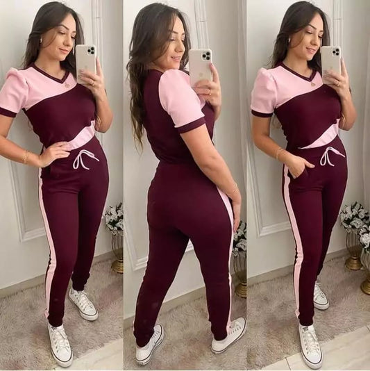 Pink With Maroon Panel Short Sleeves Track Suit (KO-TS-466)
