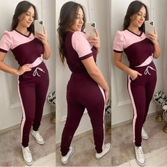 Pink With Maroon Panel Short Sleeves Track Suit (KO-TS-466)