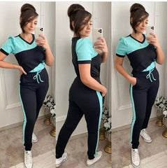 Black With Sea Green Panel Short Sleeves Track Suit (KO-TS-467)