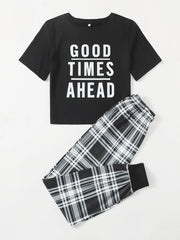 Black Good Time Ahead Print Half Sleeves Shirt With Check Printed Trouser (KO-NS-477)