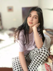 Lilac Cute Emojis With Check Printed Half Sleeves Printed Trouser Night Suit (KO-NS-445)