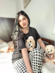 Black Bear Print Half Sleeves Shirt With Check Print Trouser (KO-NS-439)