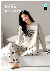 Grey Puzzle Heart Print With Heart Printed Trouser Full Sleeves Night Suit