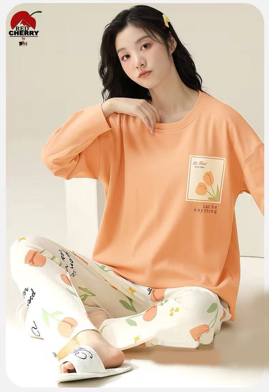 Orange Pocket Flower Print With Flower Printed Trouser Full Sleeves Night Suit