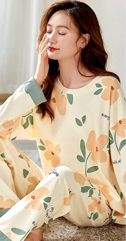 Off White Flower Print With Flower Printed Trouser Full Sleeves Night Suit