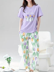 Lilac bunny Printed Half Sleeves Night Suit