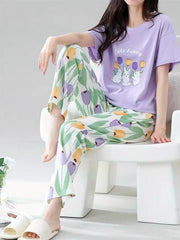 Lilac bunny Printed Half Sleeves Night Suit