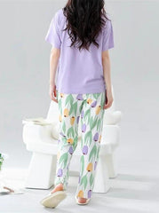 Lilac bunny Printed Half Sleeves Night Suit