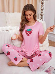 Pink Strawberry Printed Night wear