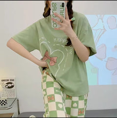 Olive Green Happy Day Printed Half Sleeves Night Suit
