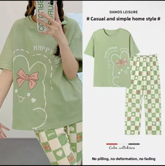 Olive Green Happy Day Printed Half Sleeves Night Suit