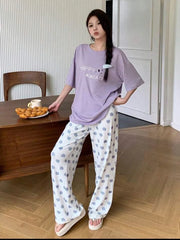 Lilac Happy Moments Printed Half Sleeves Shirt with Hearts Printed Trouser