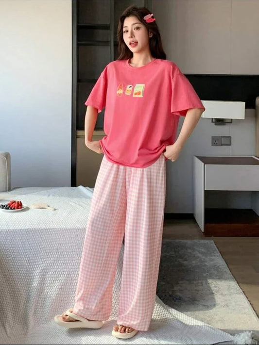 Pink Juices Printed Half Sleeves Shirt With check Printed Trouser Night wear