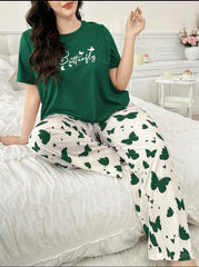 Dark Green Butterfly Half Sleeves Printed Shirt with Butterfly Printed Trouser