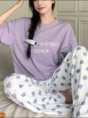 Lilac Happy Moments Printed Half Sleeves Shirt with Hearts Printed Trouser