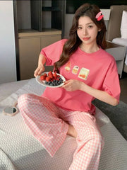 Pink Juices Printed Half Sleeves Shirt With check Printed Trouser Night wear