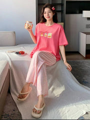 Pink Juices Printed Half Sleeves Shirt With check Printed Trouser Night wear
