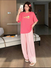 Pink Juices Printed Half Sleeves Shirt With check Printed Trouser Night wear
