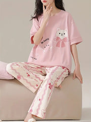 Baby Pink Happy Bear Print Half Sleeves Printed Night Suit