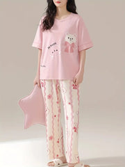 Baby Pink Happy Bear Print Half Sleeves Printed Night Suit