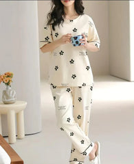 Off White Black All over flowers Print Half Sleeves Night Suit