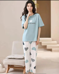 Sky blue Love you forever hearts Print Half Sleeves Printed Night Suit