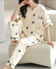 Off White Black All over flowers Print Half Sleeves Night Suit