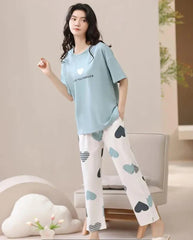 Sky blue Love you forever hearts Print Half Sleeves Printed Night Suit