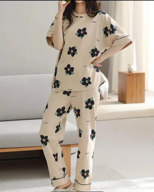 Brown All Over Flowers Printed Night Suit