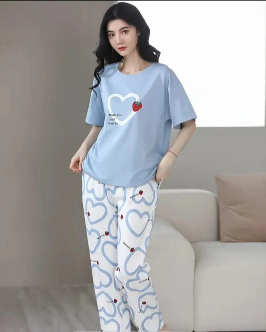 Sky blue Strawberry Heart Printed Night Suit