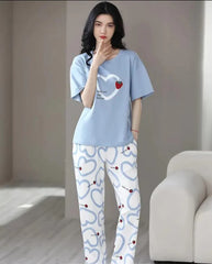 Sky blue Strawberry Heart Printed Night Suit