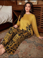 Deep Yellow Floral Print Full Sleeves with floral Printed pajama Night Suit
