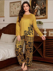 Deep Yellow Floral Print Full Sleeves with floral Printed pajama Night Suit
