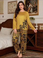 Deep Yellow Floral Print Full Sleeves with floral Printed pajama Night Suit