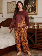 Maroon Floral Print Full Sleeves with floral Printed pajama Night Suit