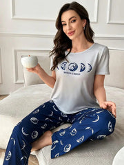 Grey Moon Child Half Sleeves Printed Night Suit