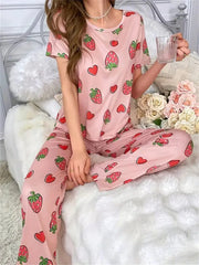 Pink All over Strawberry Half Sleeves Printed Night Suit