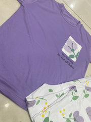 Lilac Flower Pocket Print Half Sleeves Printed Night Suit