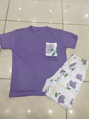 Lilac Flower Pocket Print Half Sleeves Printed Night Suit