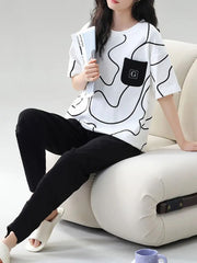 White Black Lining Pocket Printed Half Sleeves T-shirt With Plain Black Pajama Suit