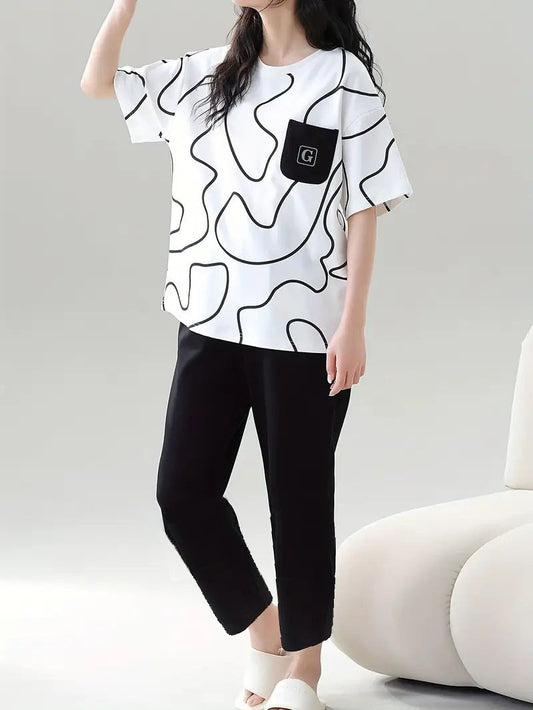 White Black Lining Pocket Printed Half Sleeves T-shirt With Plain Black Pajama Suit