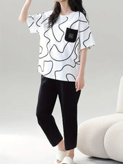 White Black Lining Pocket Printed Half Sleeves T-shirt With Plain Black Pajama Suit